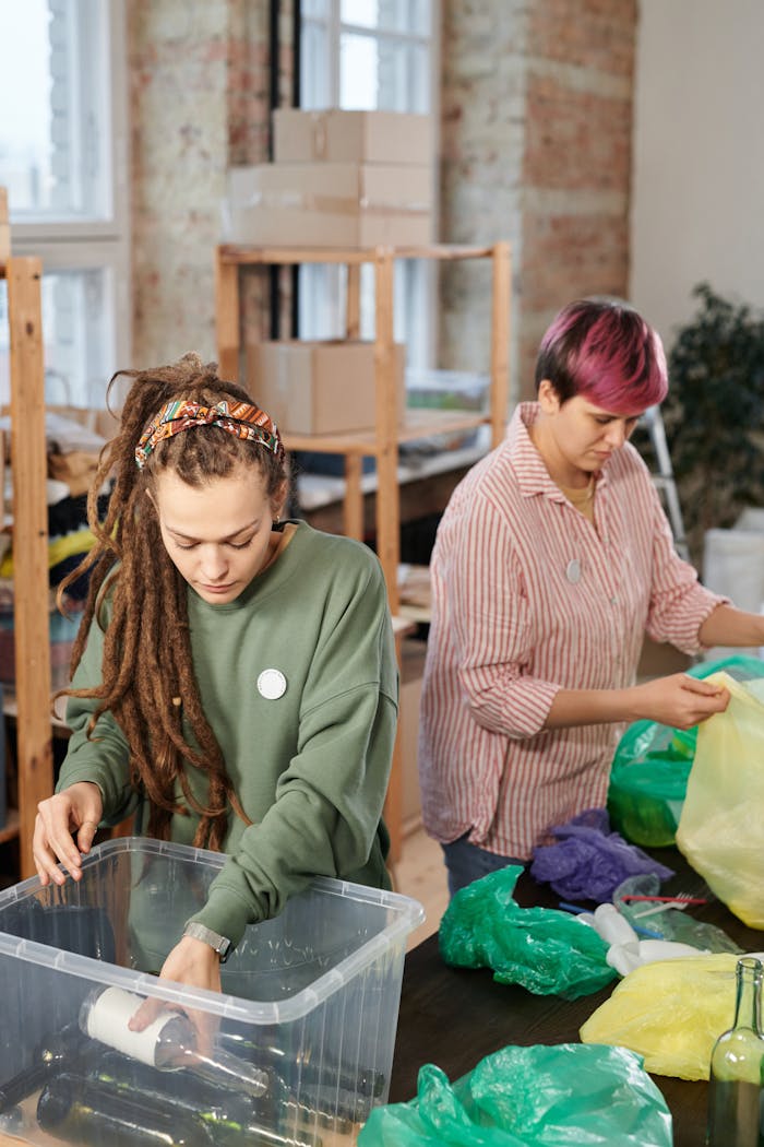 Two women sorting recycling, organizing plastic and glass indoors.